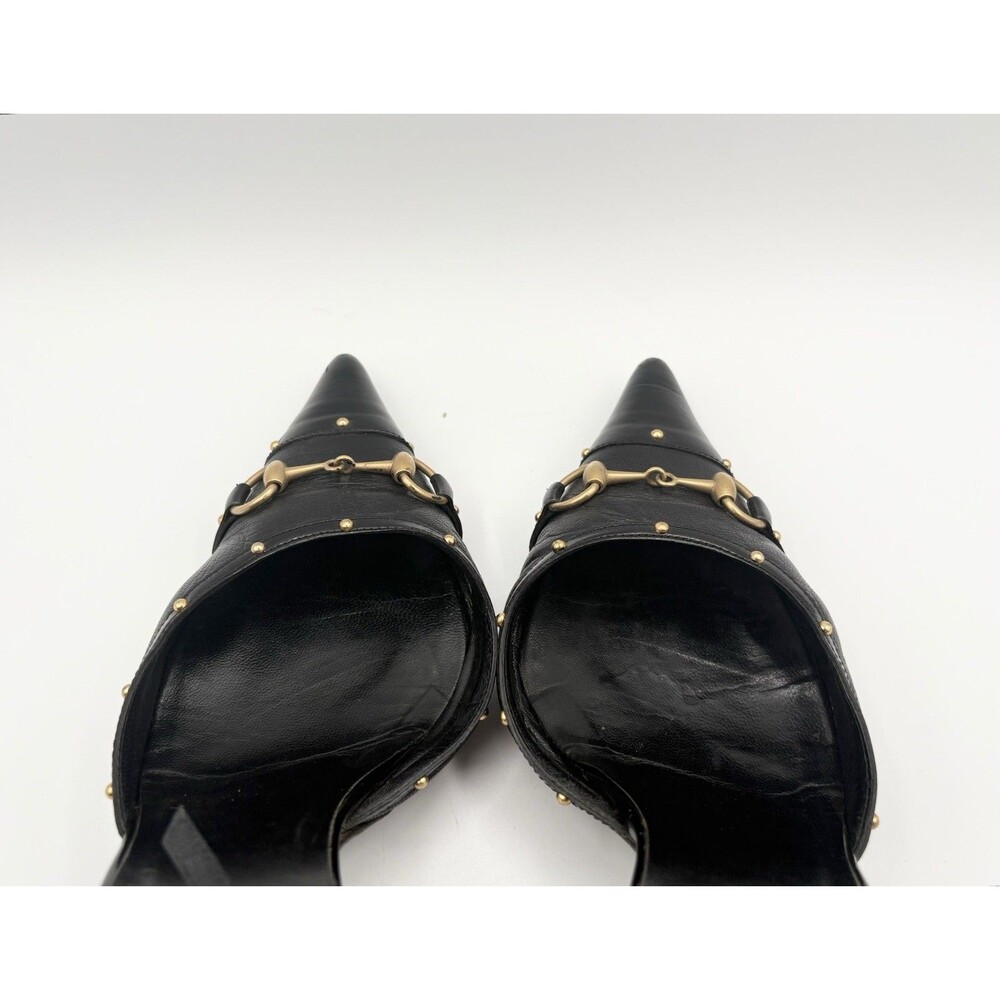 Gucci Black Leather Horsebit Studded Pointed Toe Ankle Strap Heels Size EU 38 - Picture 10 of 14